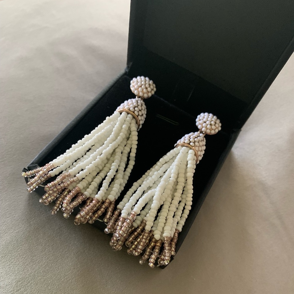 Baublebar white and gold long tassel earrings in excellent condition